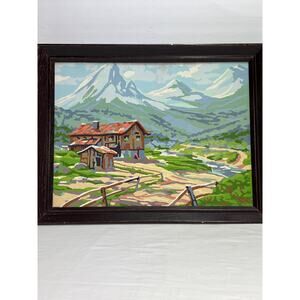 Vtg Paint By Number Cabin Lodge with Snowy Mountain View 18x14 Framed 50s PBN
